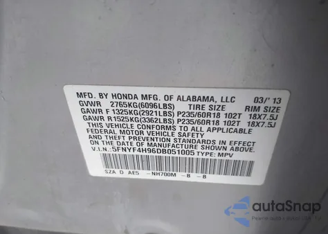 2013 Honda Pilot Touring from USA, damaged, VIN 5FNYF4H96DB051005